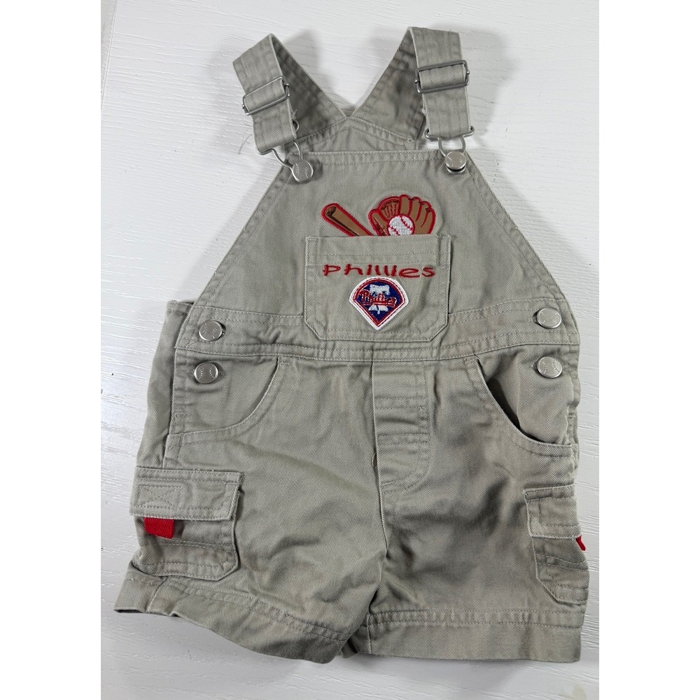 Vintage MLB Philadelphia Phillies Baby Overalls Tan 6/9M Baseball Y2k Denim 90s
